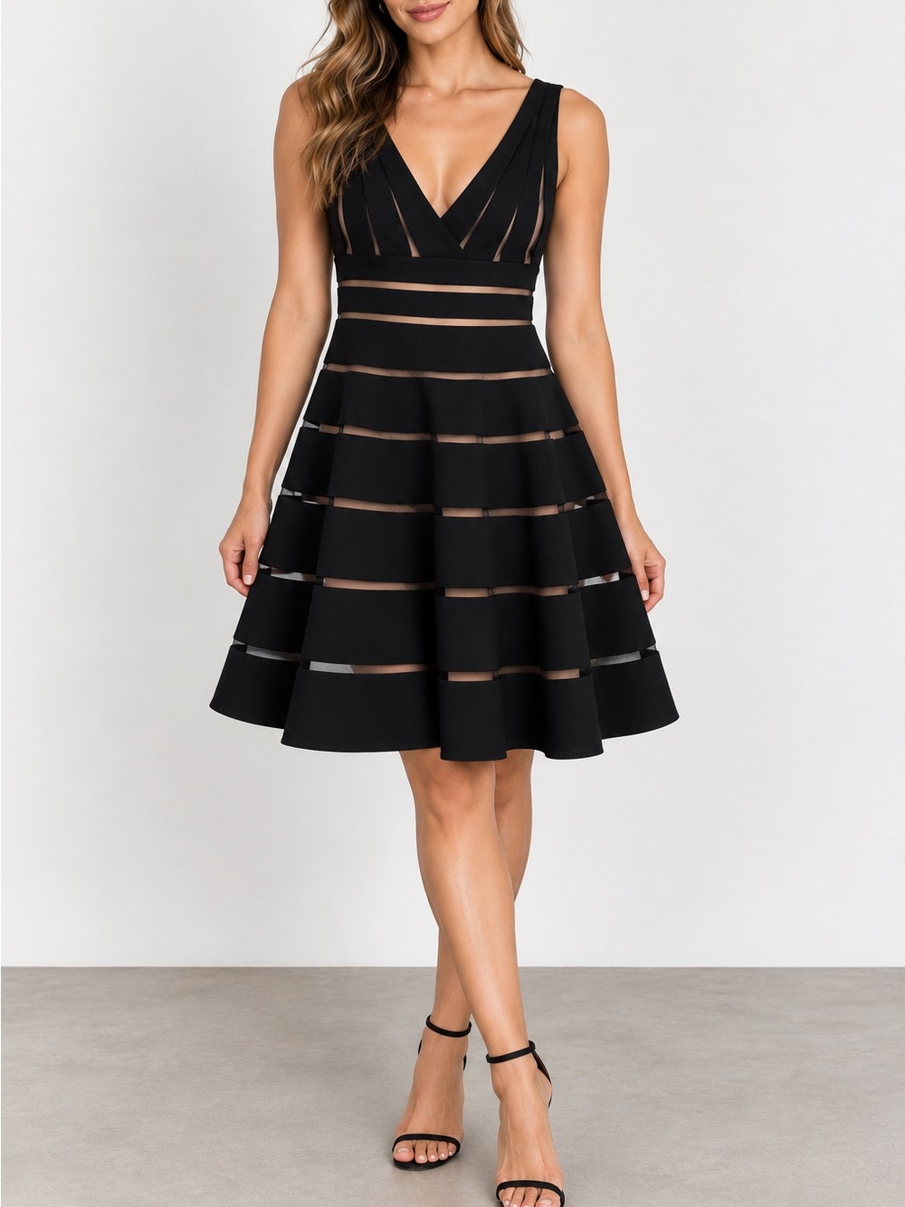 JS Collections Black Tan Stripe Fit & Flare Cocktail Dress
